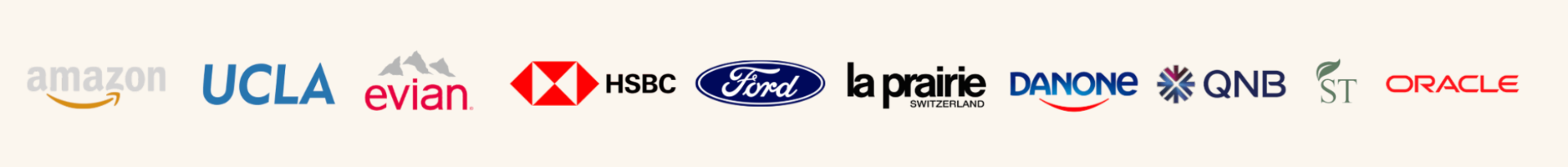 Logos of companies whose executives have worked with Mariam Gogidze: Amazon, UCLA, Evian, HSBC, Ford, La Prairie, Danone, QNB, ST, Oracle